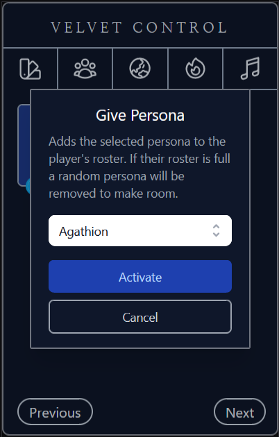 Screenshot of a twitch panel extension asking if the user would like to give the player a persona